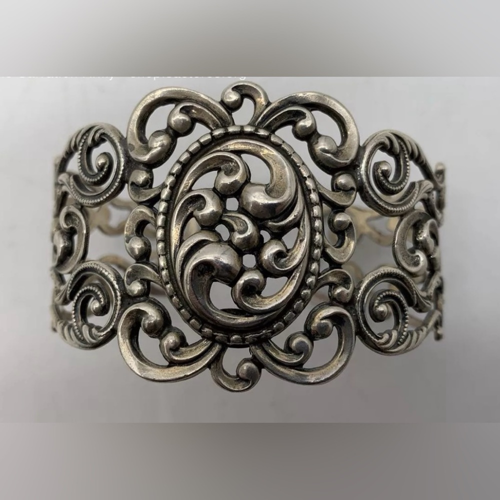 Sterling Silver Vintage Danecraft Filigree Art Nouveau Cuff Bracelet 6 inch - Picture 5 of 10